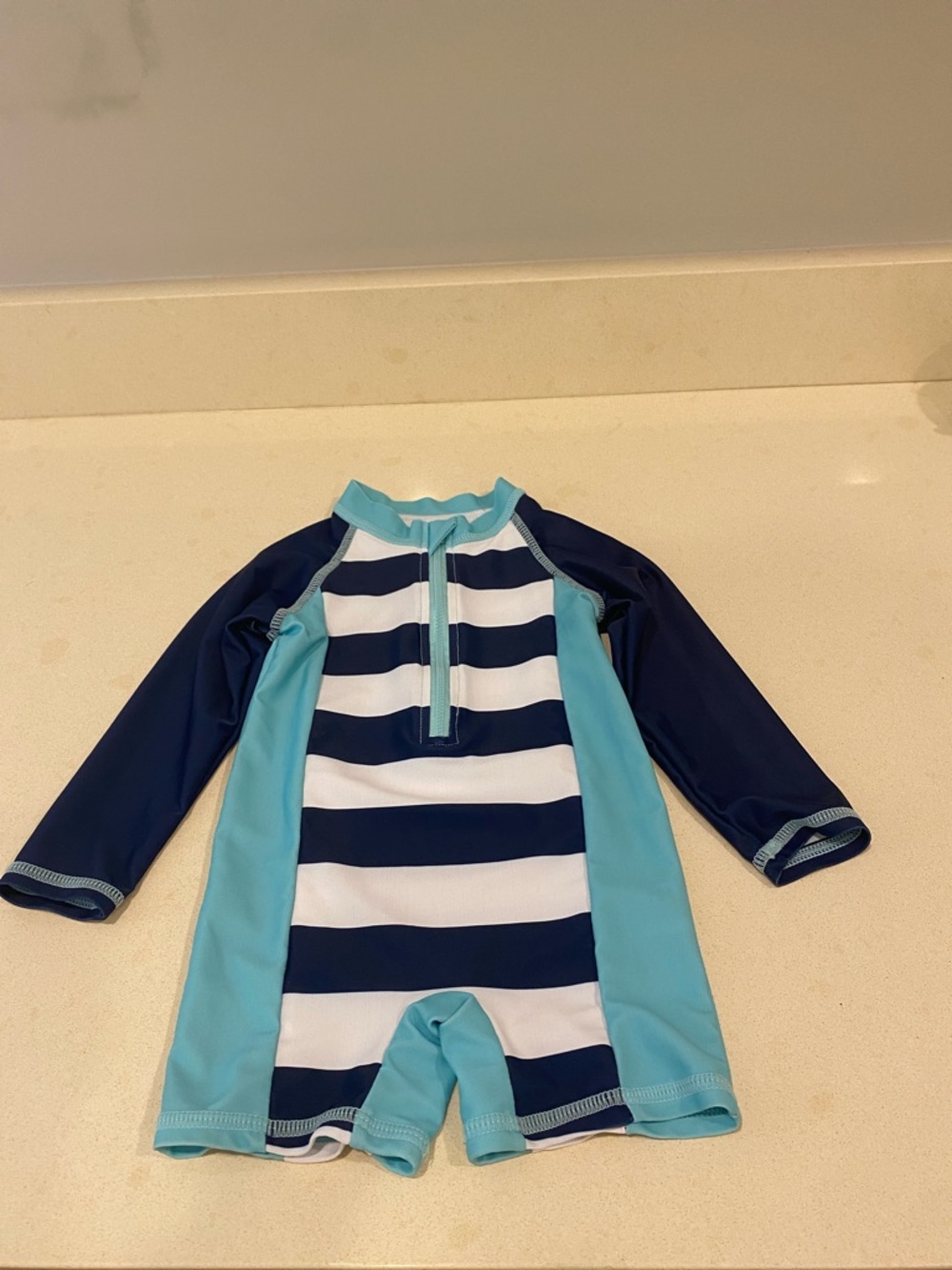 Kids Long Sleeve One-Piece Rash Guard Swimsuit - Navy, White & Aqua